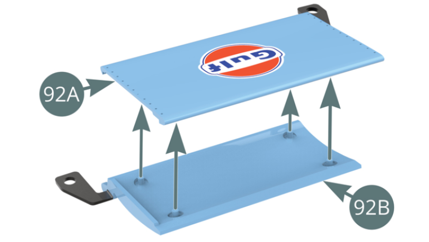 Assemble the top (92A) and bottom (92B) of the centre spoiler. Place the centre spoiler assembly - top (92A) and bottom (92B) - onto the rear bonnet (90A).