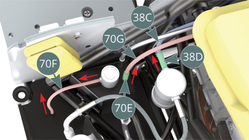 On the left side of the chassis, detach the fuel hose (70F) - highlighted in red. Remove the shielded fuel line (70G) - highlighted in red - by carefully pulling it upwards with its fitting (70E). Remove the fuel hose (38C) and its connector (38D).On the right side of the chassis, detach the fuel hose (73G) - highlighted in red. Remove the shielded fuel line (70G) - highlighted in red - with its connector (75I). Remove the fuel hose (38C) - highlighted in blue - and its connector (75I) and replace it with the shielded fuel line (70G) with its connector (75I) that have just been removed.