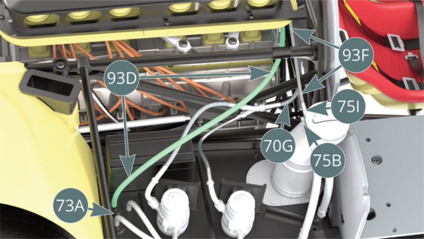 After reconnecting the shielded fuel line (70G) as described in the previous step, fit the fuel hose - long (93D) to the nozzle located on the right side platform (73A), then point the free end towards the other side of the chassis, sliding it along the front of the engine. Attach the fuel breather pipe (93F) with connector (75I) to one of the two nozzles on the fuel filler neck (75B), then point the free end towards the other side of the chassis, sliding it along the front of the engine.