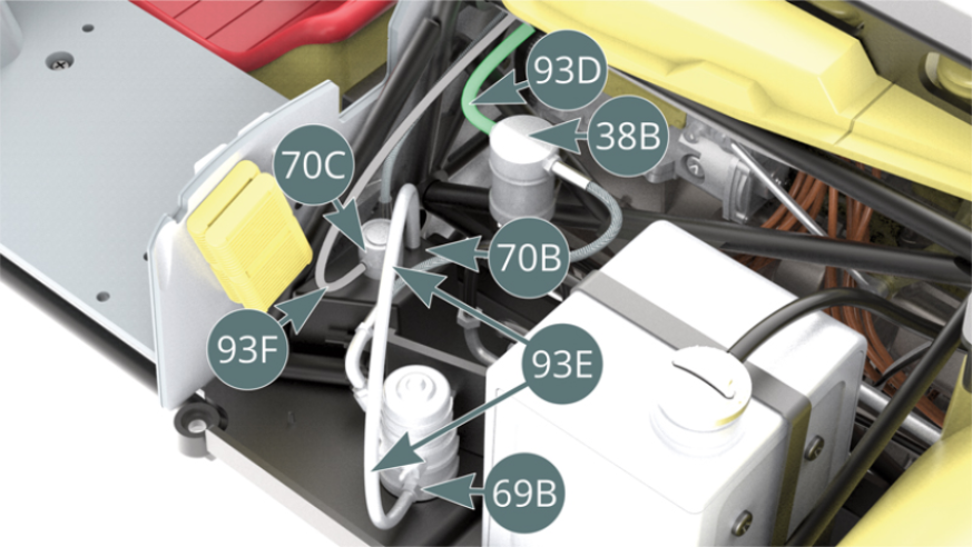 Return to the left side of the chassis and fit the fuel hose - long (93D) to the fuel filter (38B), then fit the fuel vent tube (93F) to the nozzle on the fuel cap (70C). Attach the fuel hose - short (93E) to the fuel manifold (70B) and nozzle of the fuel pump (69B).