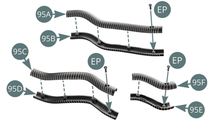 Assemble the half-duct units (95A&95B) and secure them together with an EP screw to form the left ventilation duct (95AB) - top illustration. Assemble the half-duct units (95C&95D) and secure them together with an EP screw to form the right ventilation duct (95CD) - illustration above left. Assemble the half-duct units (95E&95F) and secure them together with an EP screw to form the right vent duct (95EF) - illustration above right.