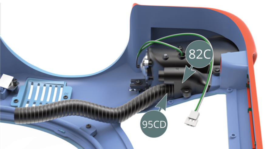 Fit the screw threaded end of the right duct (95CD) to the nozzle of the right air intake (82C) - closest to the bodywork. Place the connectors for the headlight LED cables (35F) into the position indicated opposite.
