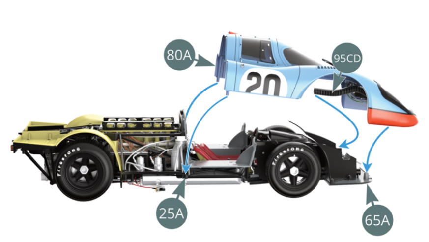 Position the body (80A) on the lower frame (25A) and on the flat front floor (65A).At the same time, guide the right duct (95CD) through the tubular trellis as illustrated in the next step.