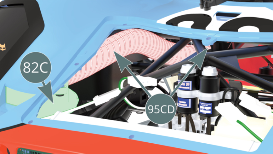 Pass the right duct (95CD) through the tubular trellis below the dashboard.