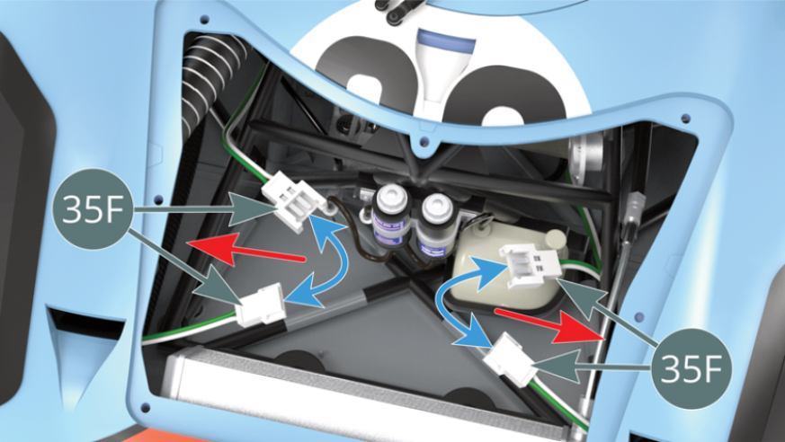Join the connectors for the headlight LED cables (35F), then move them sideways to conceal them (red arrows).