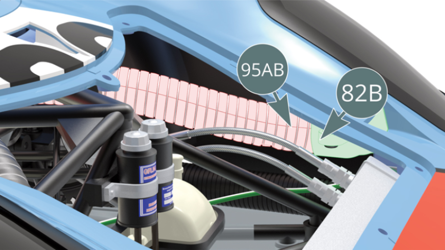Attach the screw-threaded end of the left duct (95AB) to the nozzle of the left air intake (82B) with the help of a tweezer.