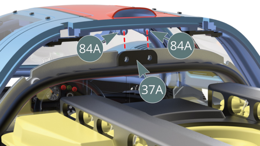 Attach the tab of the cockpit bulkhead (37A) and the two ends of the upper roll bar (84A) together using two IM screws - illustrations above.