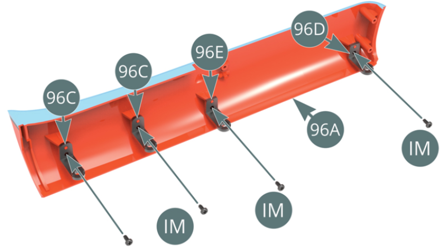 Position the brackets (96D #2, 96E #3) and the two brackets (96C #1) on the left rocker panel (96A), then secure them with four IM screws. Position the upper bracket (96B) and the front panel (96F) on the left rocker panel (96A), then secure them with three IM screws.
