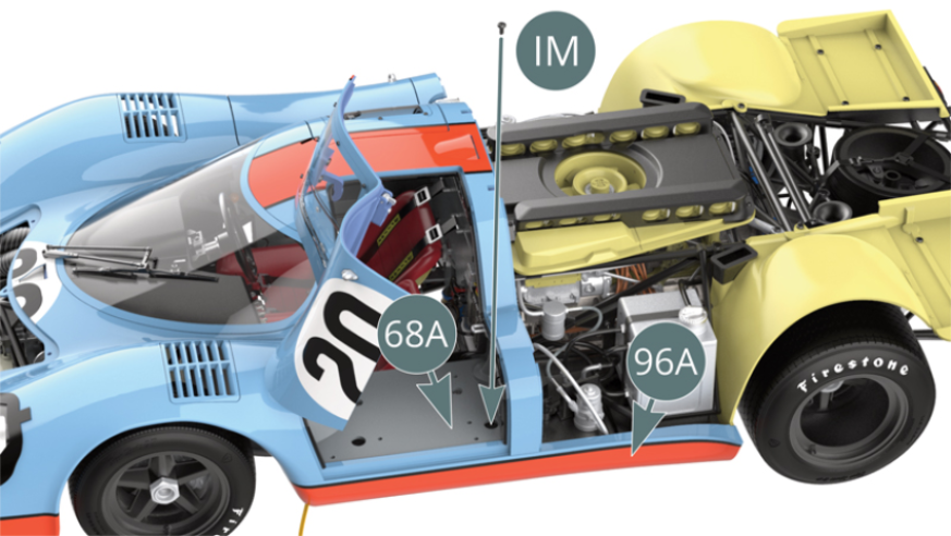 Open the left door and secure the left rocker panel (96A) - via the upper bracket 96B - to the chassis (31B) using an IM screw, through an opening in the rear of the left cockpit housing (68A).