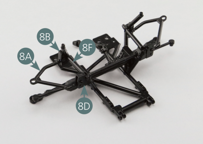 Position brackets 1 and 3 (8B & 8D) on the right side frame (8F) and secure with two AM screws.