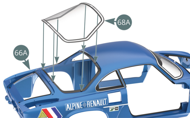 Position the rear window (68A) on the body (66A) and secure it from below with six MP screws (illustrations above and below).