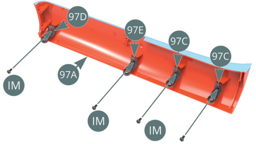 Place the brackets (97D#2 & 96E#3) and brackets (97C#1) on the right rocker panel (97A) and secure these with four IM screws. Place the upper support (97B) and the front panel (97F) onto to the right rocker panel (97A) and secure these with 3 IM screws.