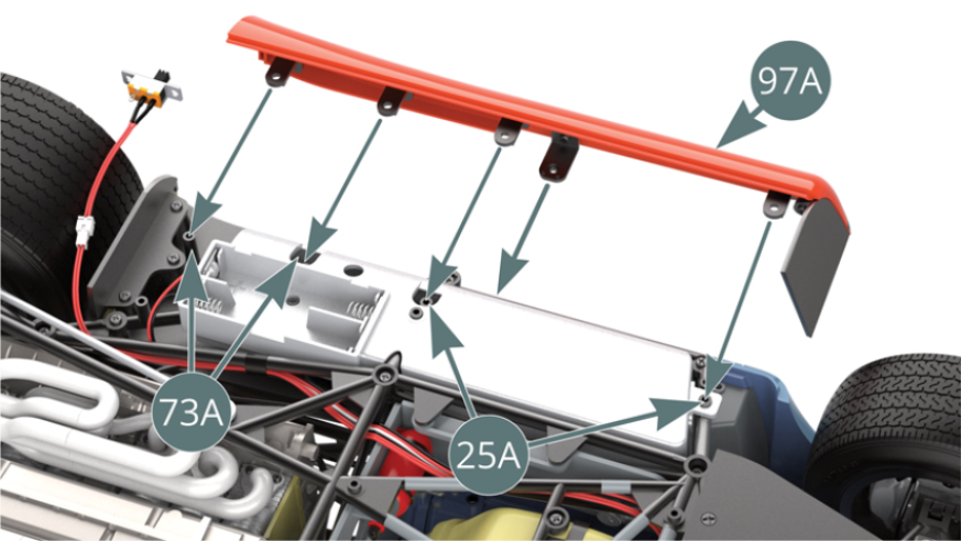 Position the right rocker panel (97A) onto the attachment points of the lower frame (25A) and right side platform (73A) and secure with four IM screws (see opposite and below).