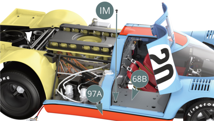 Open the right door and attach the right rocker panel (97A) – with the help of the upper support (97B) – onto the chassis (34B) with an IM screw, through the opening in the back of the right cockpit housing (68B). Replace the two IM screws with the new provided SM screws.