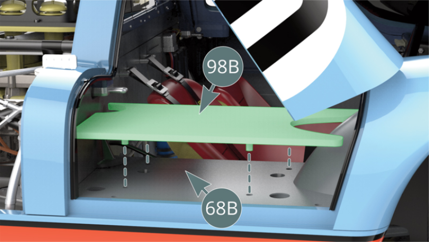 Open the right door and secure the right trim panel (98B) with its four lugs to the right cockpit housing (68B).Attach the right trim strip (98D) along the edge of the right trim panel (98B) to the right cockpit housing (68B).