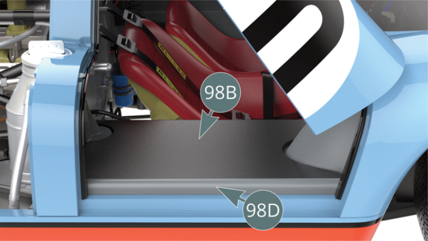 With the right trim strip (98D) and right trim panel (98B) fitted, now close the right door. Open the left door and fit the left trim panel (98A) by sliding it under the ignition box (56L) - green arrow - then over the left cockpit housing (68A) - blue arrow.
