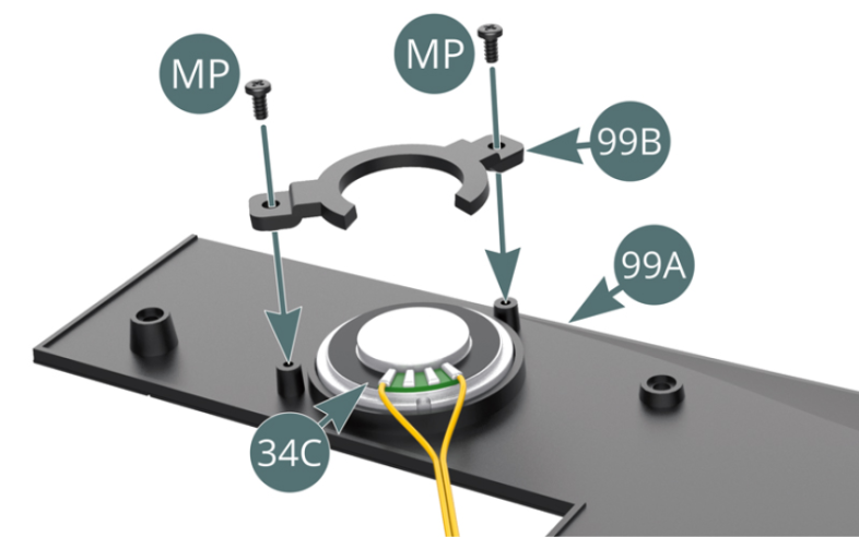 Position the loudspeaker (34C) in the round recess provided in the flat floor panel (99A), and secure it with the mounting bracket (99B) and two MP screws - see illustrations above.