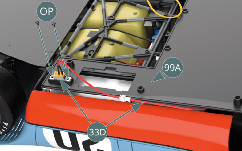 Position the flat floor panel (99A) against the bottom of the upside-down car and secure the switch (33D) with two OP screws.