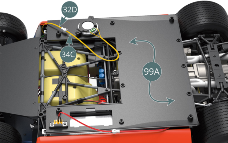 Connect the yellow speaker cable (34C) to the yellow cable of the PCB (32D). Turn the flat floor panel (99A) upside down.