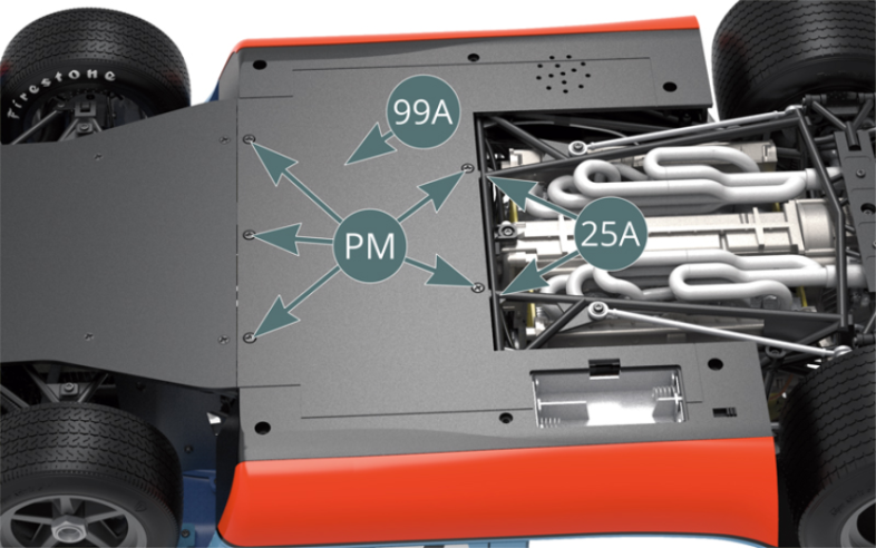 The previously connected cables are now hidden underneath the flat floor panel (99A). Align the flat floor panel (99A) with the bottom of the car and secure it to the lower frame (25A) using five PM screws.