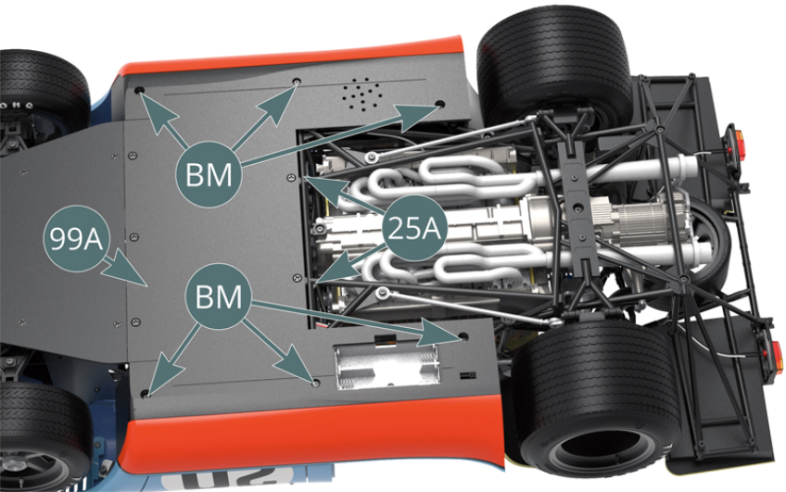Secure the left and right sides of the flat floor panel (99A) to the undercarriage (25A) using six BM screws.
