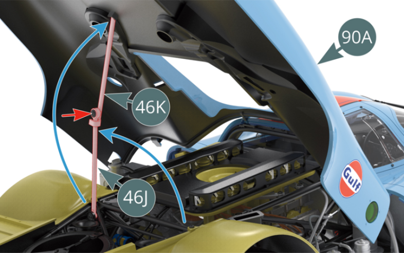 Raise the rear bonnet (90A), then extend the support arm (46J-46K) and check that it is supporting the bonnet correctly. If necessary, slightly loosen the two hinge screws (red arrows) until the arm is aligned with the support point on the bonnet.