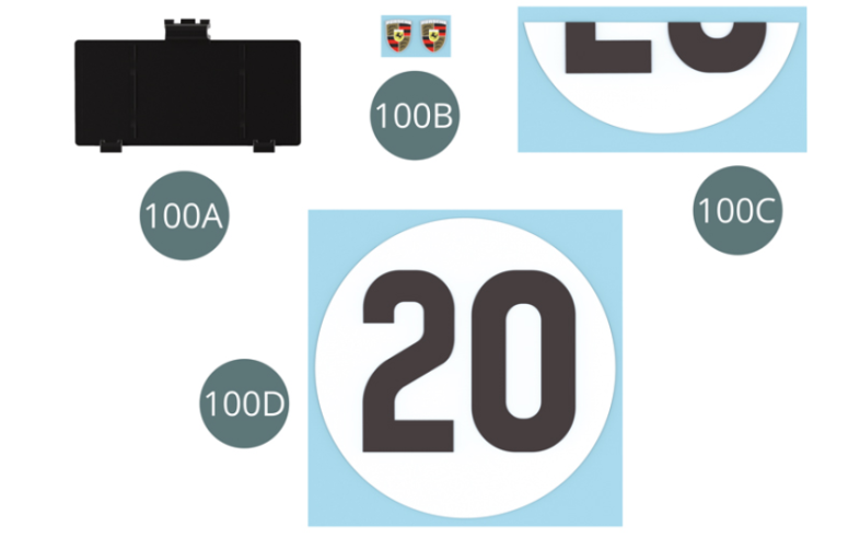 100A Battery compartment cover100B Decal emblem (x 2)100C Decal door number (x 4)100D Decal rear bonnet number (x 2)
