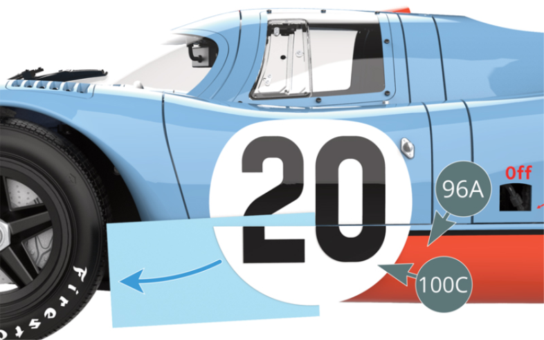 Immerse the door number decal (100C) in water for 30 seconds to soften it. Position the decal (100C) so that it is in line with the racing number on the left-hand lower door, then carefully slide it from its paper backing. Adjust the decal (100C) while it is still slightly wet and remove any excess water with a soft cotton pad.
