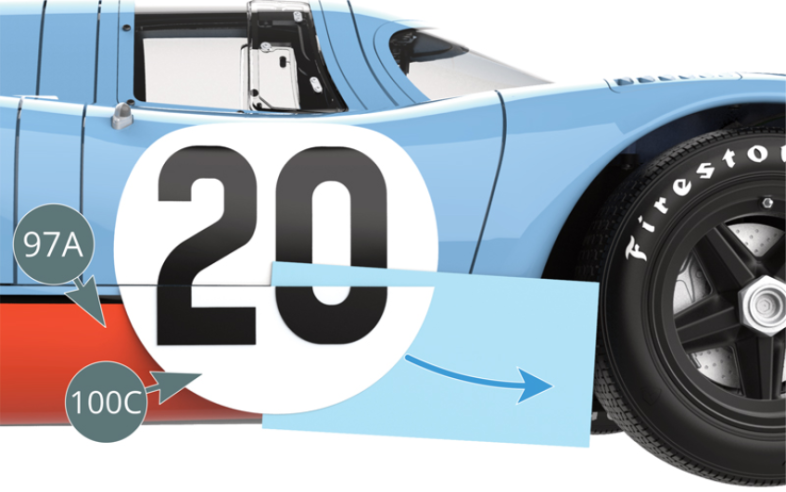 Immerse the door number decal (100C) in water for 30 seconds to soften it. Position the decal (100C) so that it is in line with the racing number on the left-hand lower door, then carefully slide it from its paper backing. Adjust the decal (100C) while it is still slightly wet and remove any excess water with a soft cotton pad.