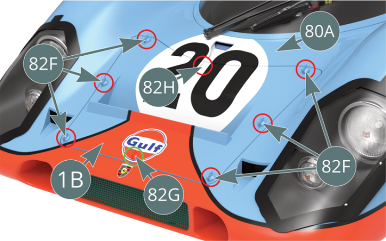 Position the bonnet (1B) onto the front body compartment (80A) and secure it using six blue bonnet clips (82F), one white bonnet clip (82H) and one orange bonnet clip (82G).Place two type AAA batteries ( these are not supplied) in the battery compartment and position the cover (100A) in the flat floor panel (99A). Operate the switch (32D) by moving it forwards.