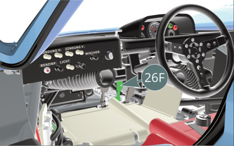 Press the brake pedal (26F) - the one in the middle - by using the tip of a pencil to check that the brake lights (48D & 49D) at the rear are working properly - illustrations above.