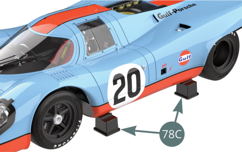 Place two supports (78C) underneath the left and right side of the car to keep the wheels raised and check that the steering wheel rotates correctly.