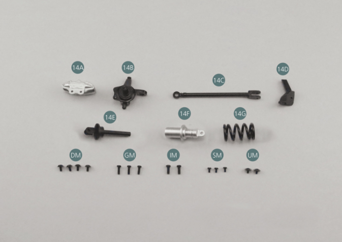 14A Right front brake calliper 14B Right front pivot 14C Longitudinal arm 14D Bracket 14E Suspension piston pin 14F Suspension shock absorber 14G Suspension spring 14H Washer Screw SM M 1,7 x 3 mm (x 3) Screw GM M 2,0 x 6 mm (x 3) Screw UM M 1,7 x 3 x 5,5 mm (x 2)Screw IM M 2,3 x 6 mm (x 2) Screw DM M 2,0 x 4 x 5 mm (x 4)