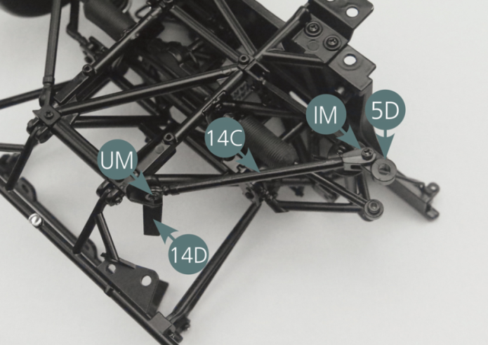 Position the fork-shaped end of the longitudinal arm (14C) on the lower right suspension arm (5D) - with the smaller opening on top - and secure it from below with an IM screw. Position the other end of the arm (14C) on the bracket (14D) and secure with a UM screw.