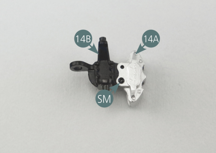 Position the right front brake calliper (14A) on the right front pivot (14B) and secure with an SM screw.