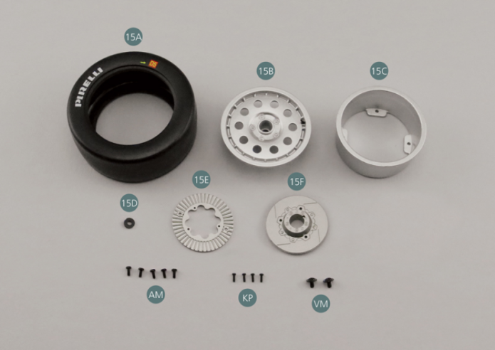 15A Tyre 15B Front wheel outer rim 15C Front wheel inner rim 15D Washer15E Brake disc 15F Brake disc with hub Screw KP M 1.4 x 4 mm (x 4) Screw AM M 1.7 x 4 mm (x 5) Screw VM M 2.3 x 4 x 6 mm (x 2)