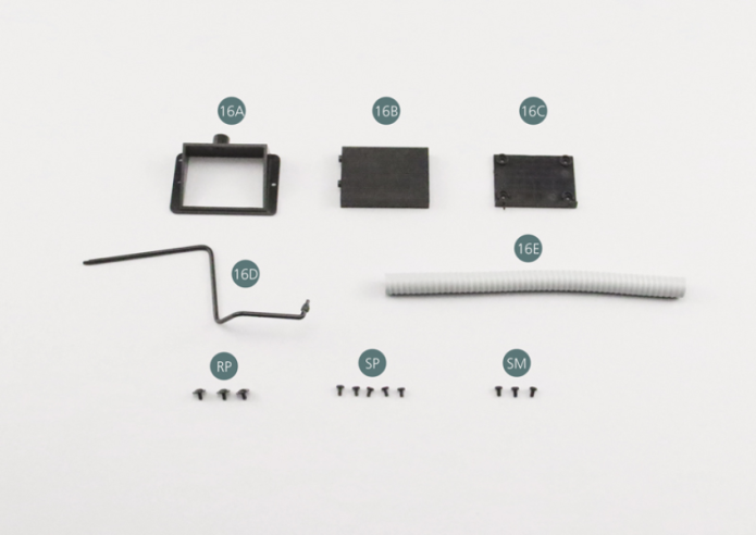 16A Air intake frame 16B Oil radiator grille 16C Oil radiator grille 16D Oil pipe 16E Air exhaust hose Screw RP M 1.7 x 3 x 5.5 mm (x 3) Screw SP M 1.7 x 3 mm (x 5) Screw SM M 1.7 x 3 mm (x 3)