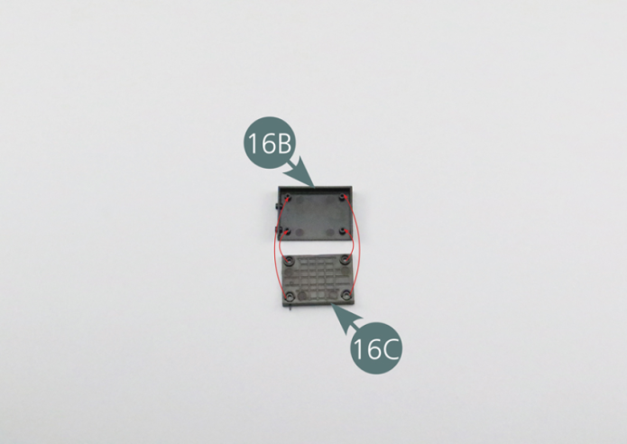 Place the oil radiator grille (16C) onto the radiator grille (16B) and secure with four SP screws.