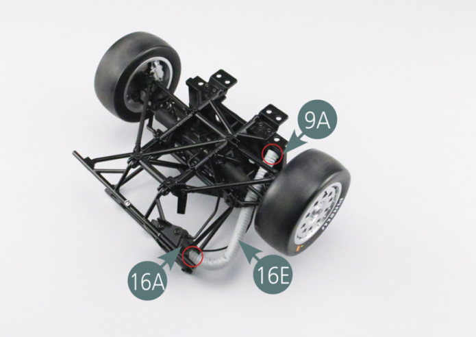 Position the air exhaust hose (16E) according to the image. One end is connected to the oil radiator, the other end is connected to the firewall (9A).
