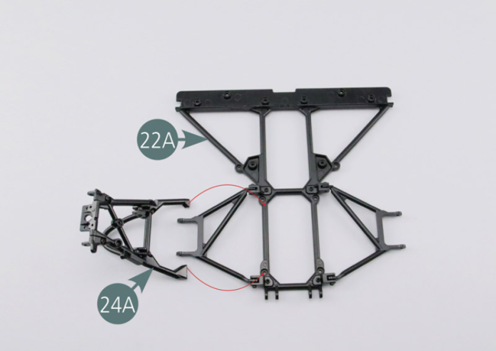 Position the ends of the rear left trapezoidal link arm (24A) on the lower frame of the rear frame (22A). Secure the ends of the trapezoidal link arm with two CM screws.
