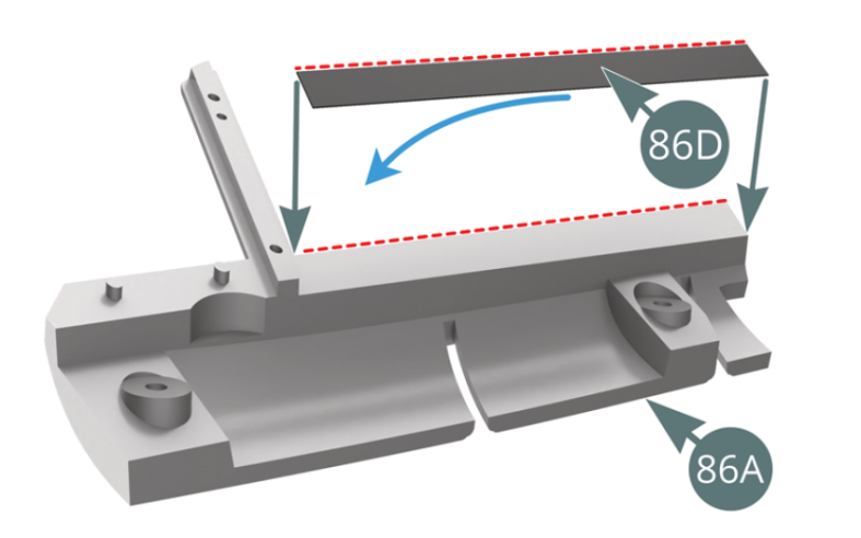 Détacher la glissière 86D de son support en papier et l’appliquer délicatement le long du bord supérieur de l’encadrement de vitre 86A (comme indiqué par les pointillés rouges).