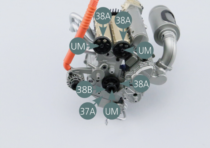 Position the two upper pulleys (38A) on the front of the motor (37A) and secure with two UM screws. Position the lower pulley (38A) on the front of the engine (37A) and insert the pulley #10 (38B). Secure the two pulleys (38A&38B) to the front of the engine (37A) with an UM screw. Place the pulley #11 (38C) on the axle located at the bottom of the front of the engine (37A).