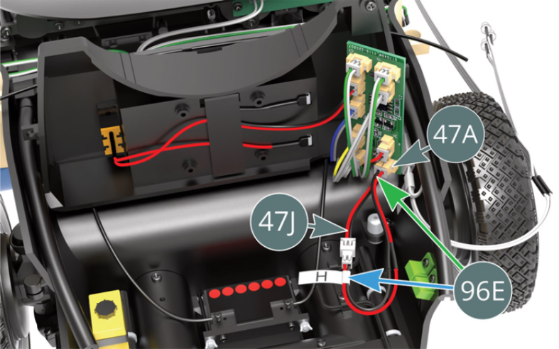 Peel off the adhesive tape (47B) from the PCB (47A). Identify the connector marked H on the circuit board (47A) and disconnect cable H (47J) (red-black). Connect one end of cable extension H (96E) to the previously disconnected cable H (47J), then the other end to the PCB (47A). Reassemble the PCB (47A) and fuel tank (46A), following instructions 3 and 2 in reverse order, indicated by a red arrow.