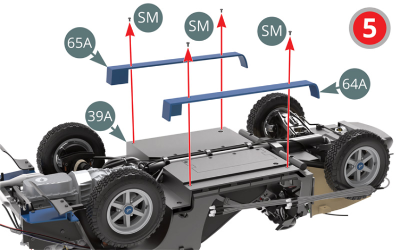 Turn the chassis over and unscrew the four SM screws ( save them to use at a later date), then remove the left (64A) and right (65A) rocker panels.