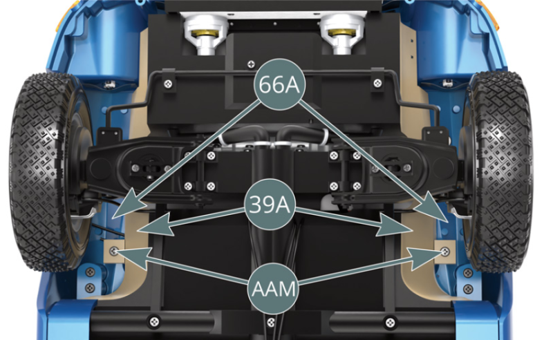 Assemble the body and chassis, then secure the chassis floor (39A) to the body (66A) with two AAM screws near the front wheels and two AAM screws near the rear wheels (illustrations above).