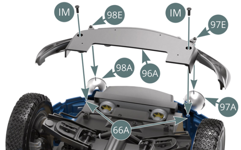 Position the front rocker panel (96A) on the bodywork pillars (66A), placing the right (98E) and left (97E) fog light supports on the pegs of the right (98A) and left fog light housings ( 97A), then secure with two IM screws.