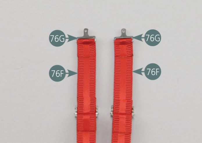 Position the central locking buckles (76G) on the lower seat belt straps (76F). Remove the protective film from the double-sided tapes (76H) and bend the ends/tips of the straps to fix them to the central locking buckles (76G).