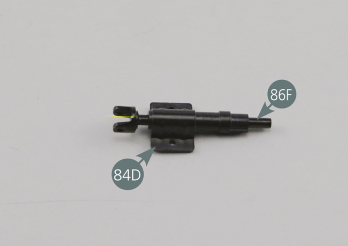 Engage the steering column (86F) in the support (84D) as shown by the yellow arrow. Place the headlight control (86E) on the steering column as shown in the photo.