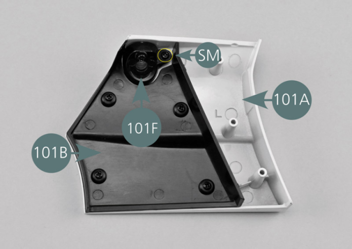 Position the fuel cap and housing assembly on the inside of the left rear side panel (101A) as shown, then secure it with an SM screw.