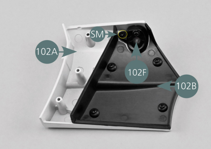 Position the fuel cap and housing assembly on the inside of the right rear side panel (102A) as shown, then secure it with an SM screw.